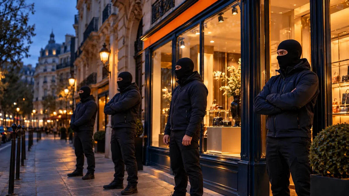 Devanture parisienne éclairée en soirée, avec une équipe en tenue sombre devant la vitrine